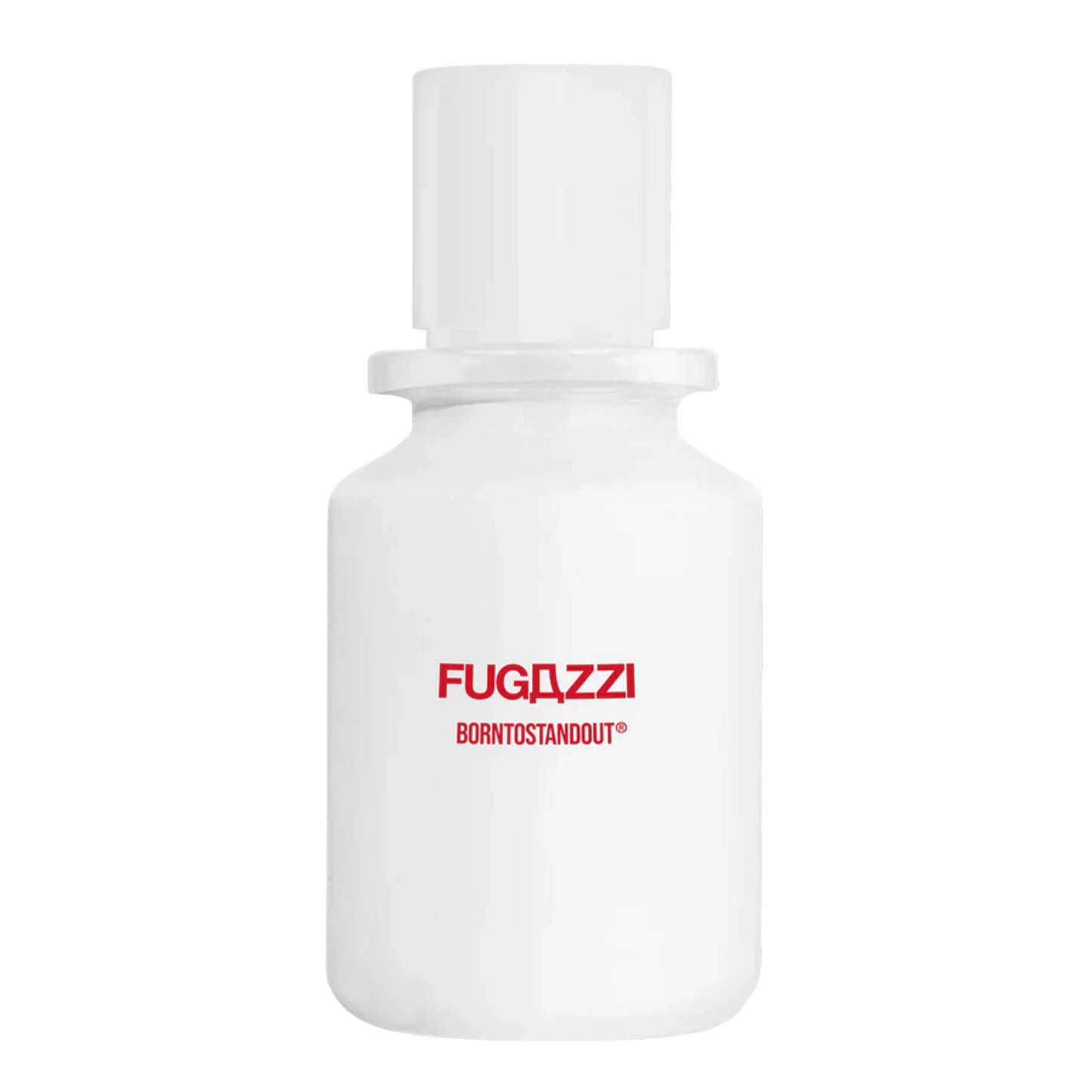 Born to Stand Out by Fugazzi white niche perfume bottle with red logo on plain background