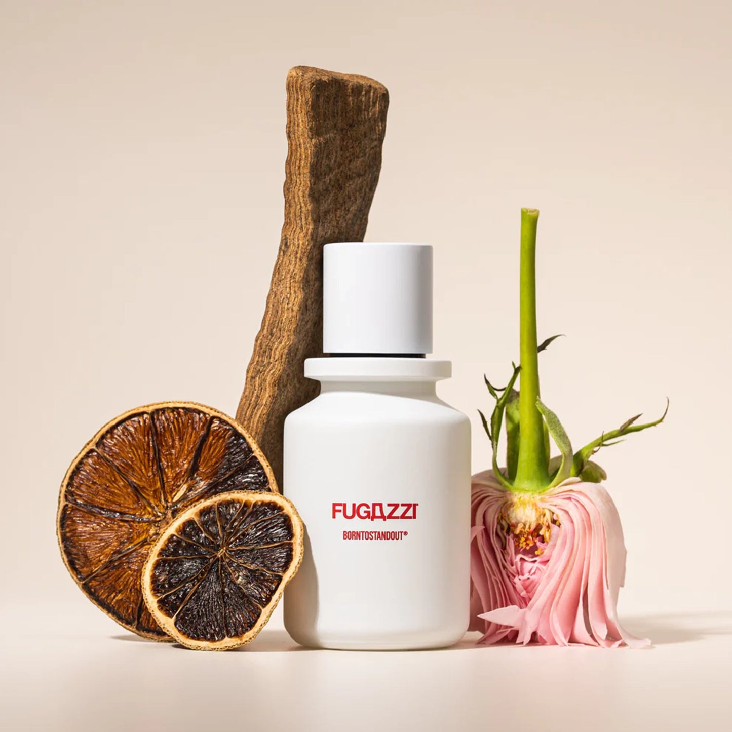 Born to Stand Out by Fugazzi perfume bottle styled with dried fruit and pink flower, niche fragrance photography