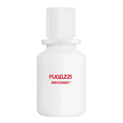 Born to Stand Out by Fugazzi white niche perfume bottle with red logo on plain background
